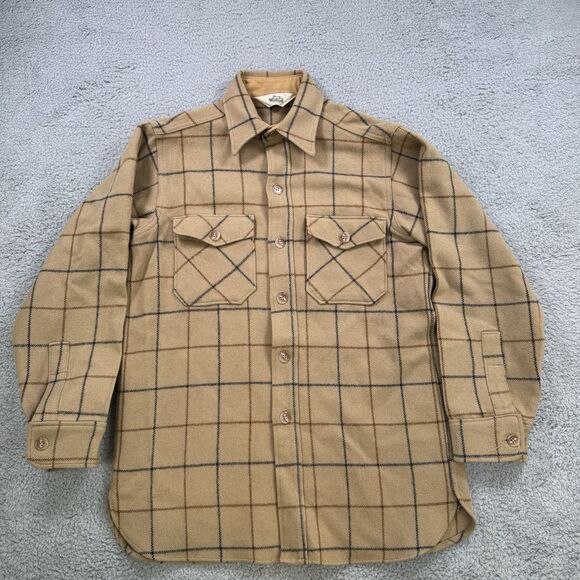 S Woolrich Shirt Mens M Beige Wool Vintage Heavy Flannel Work Shirt Button Up - Picture 1 of 7